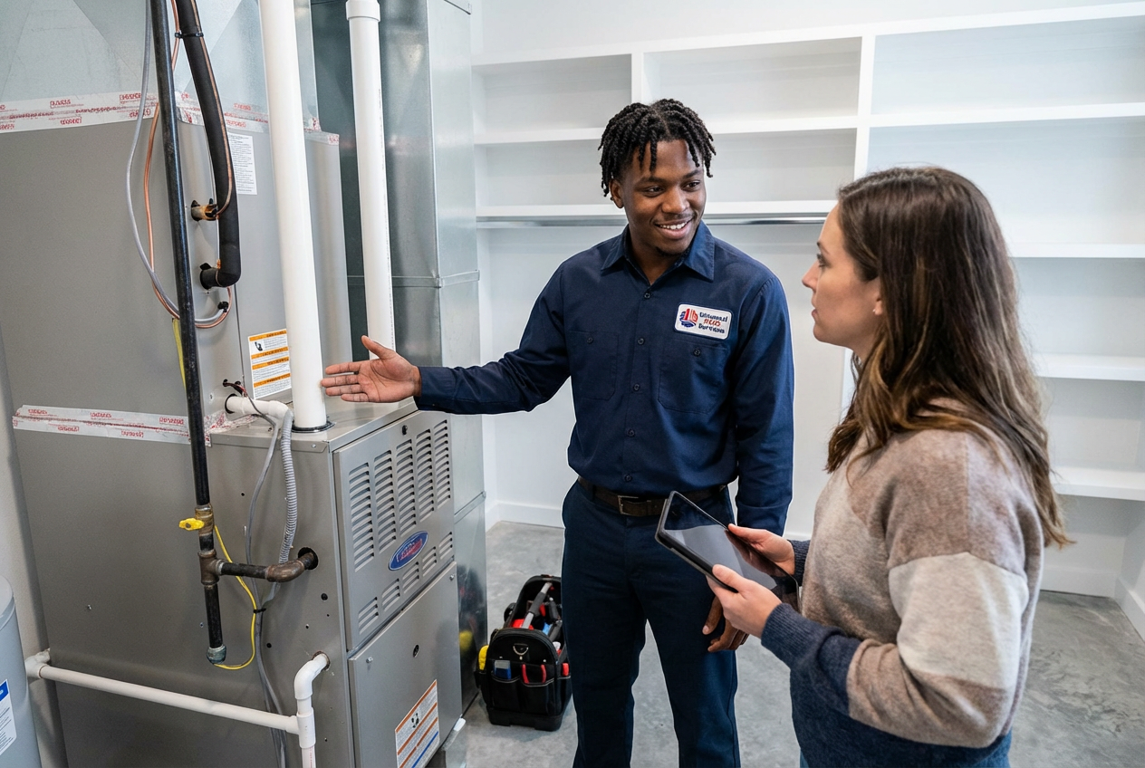 HVAC technician educating homeowner about their system
