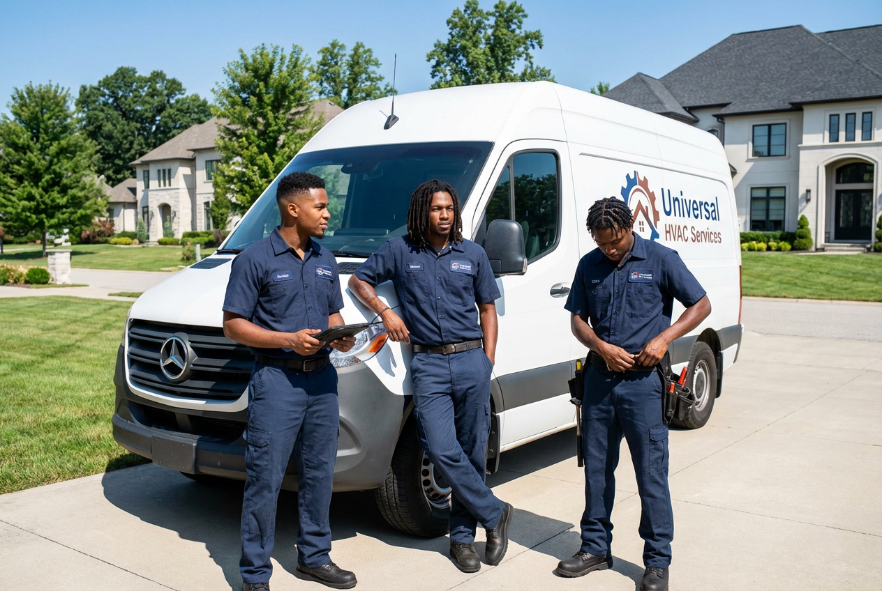 Universal HVAC Services professional technician team with branded service van